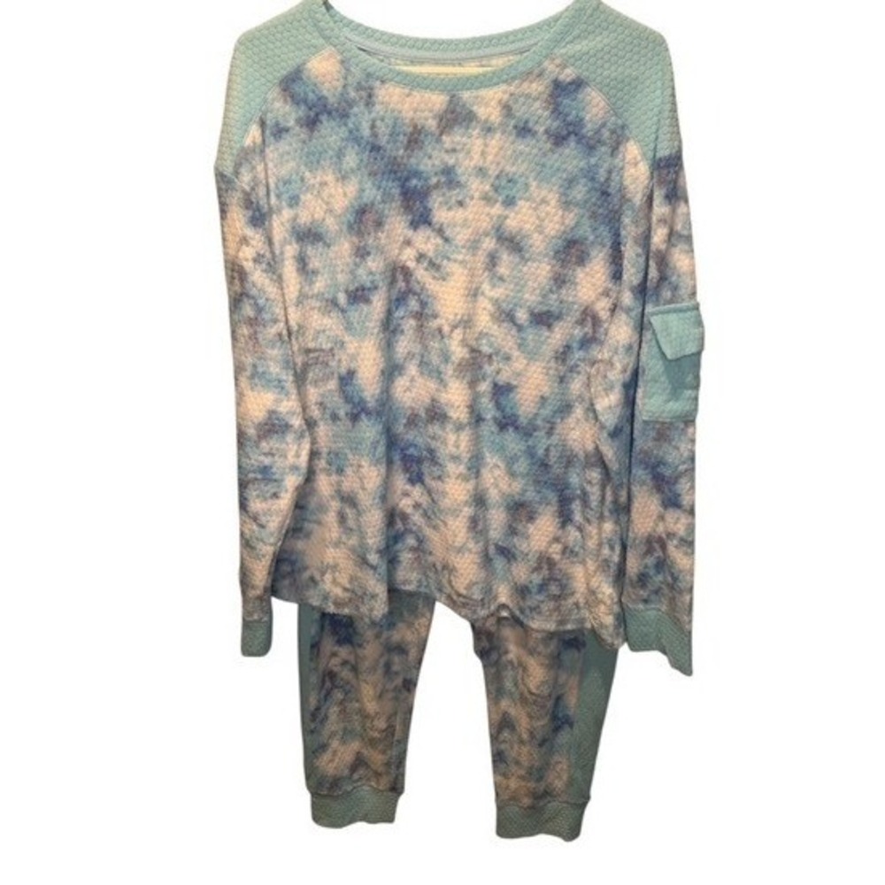 Cuddl Duds Womens Blue Tie Dye Pajama Set Quilted Pocket Joggers XL NEW Comfy